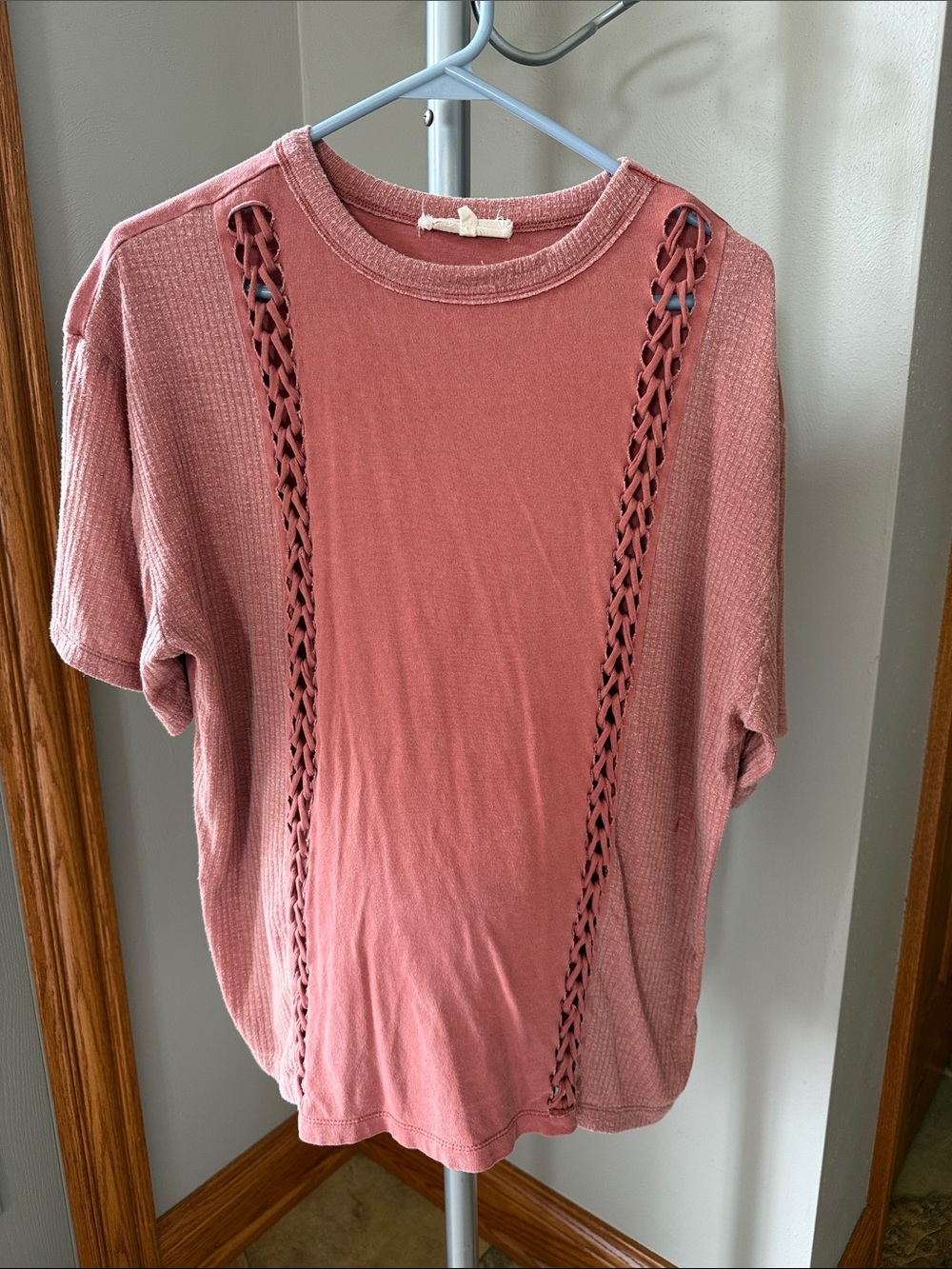 Gilded Intent Washed Rose Short Sleeve Tee with Ladder Knit Panels
